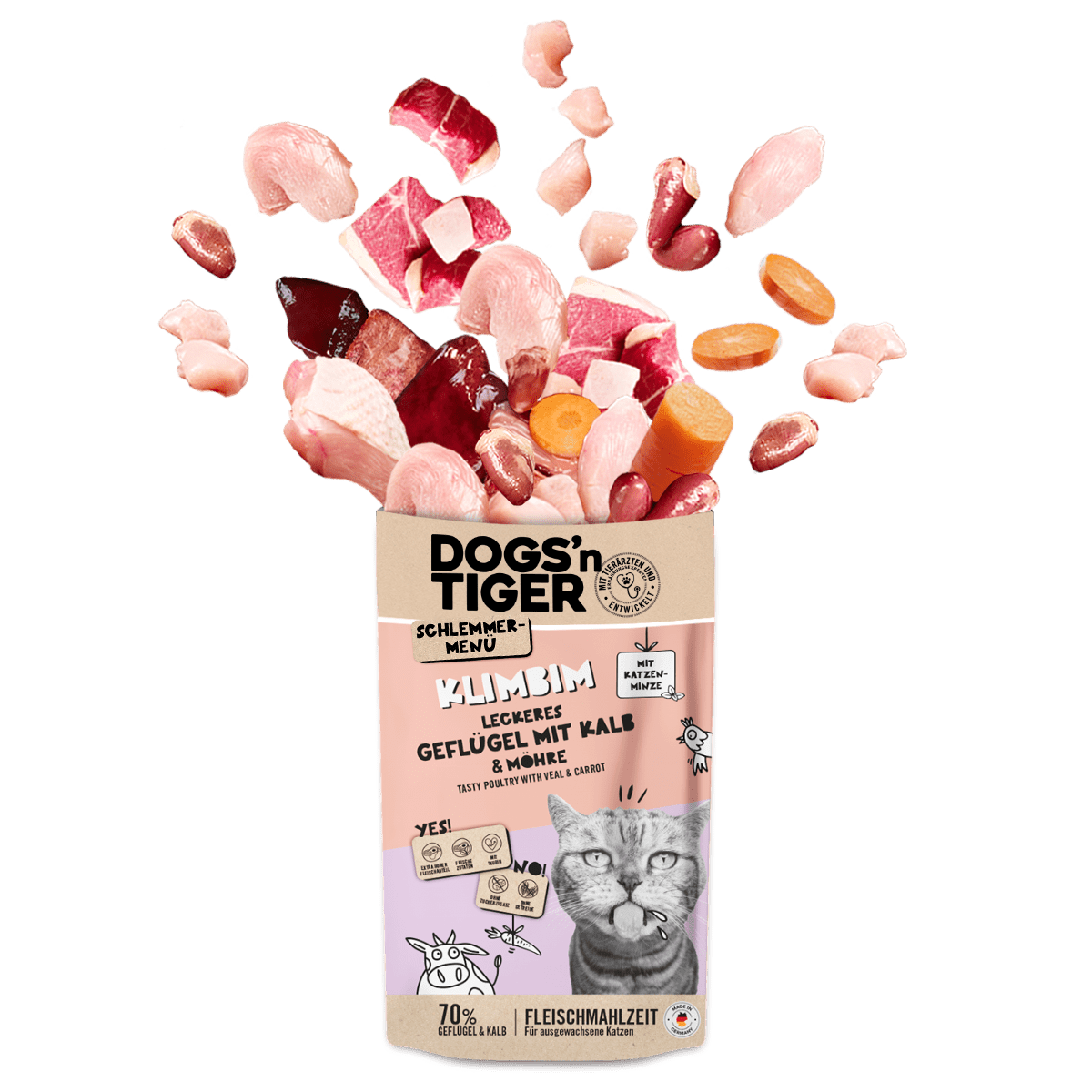 Dogs’n tiger adult cat food, climb, wet food for cats, grain - free, poultry, calf with carrot - Tiny Paws Boutique