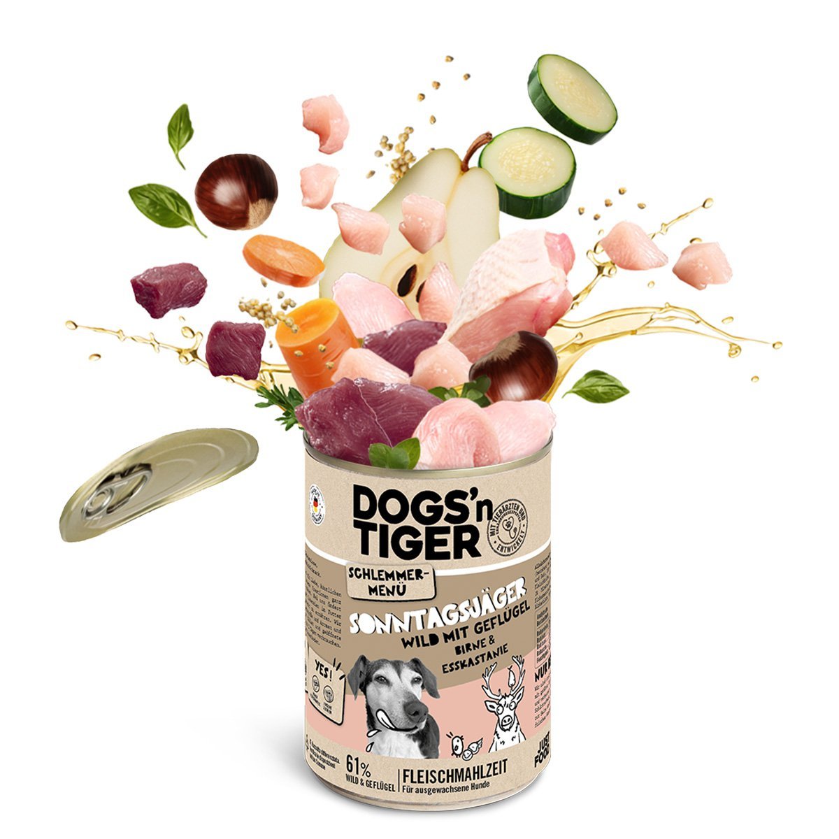 Dogs’n Tiger Adult dog food, Sunday hunter, wet dog food, game, poultry, pear, millet & carrot - Tiny Paws Boutique