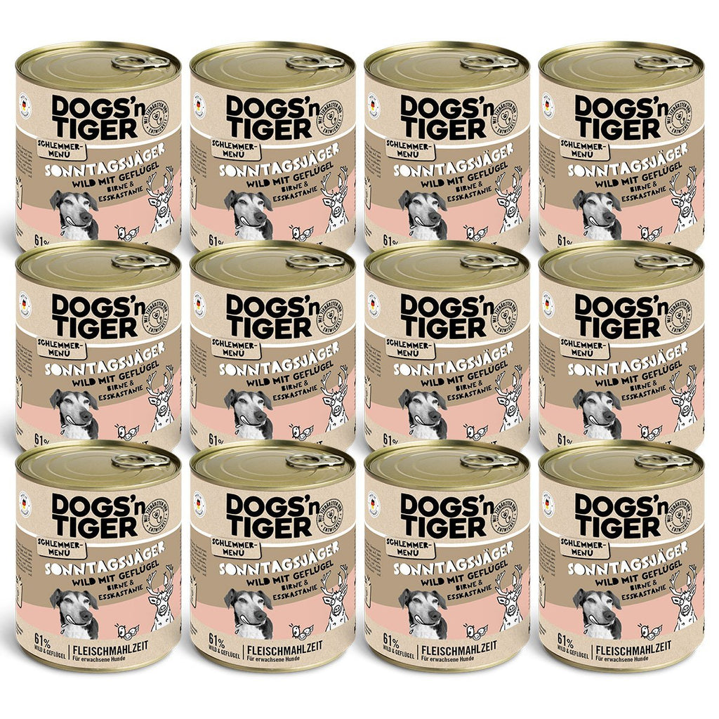 Dogs’n Tiger Adult dog food, Sunday hunter, wet dog food, game, poultry, pear, millet & carrot - Tiny Paws Boutique