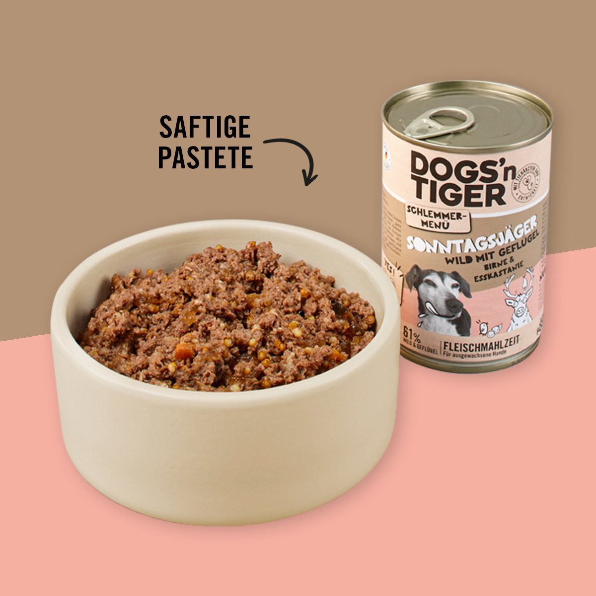 Dogs’n Tiger Adult dog food, Sunday hunter, wet dog food, game, poultry, pear, millet & carrot - Tiny Paws Boutique