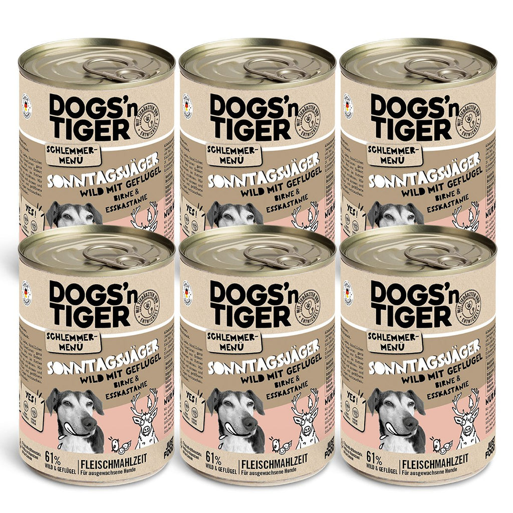 Dogs’n Tiger Adult dog food, Sunday hunter, wet dog food, game, poultry, pear, millet & carrot - Tiny Paws Boutique