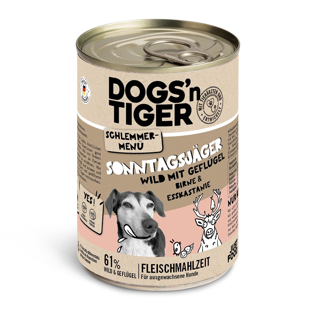 Dogs’n Tiger Adult dog food, Sunday hunter, wet dog food, game, poultry, pear, millet & carrot - Tiny Paws Boutique
