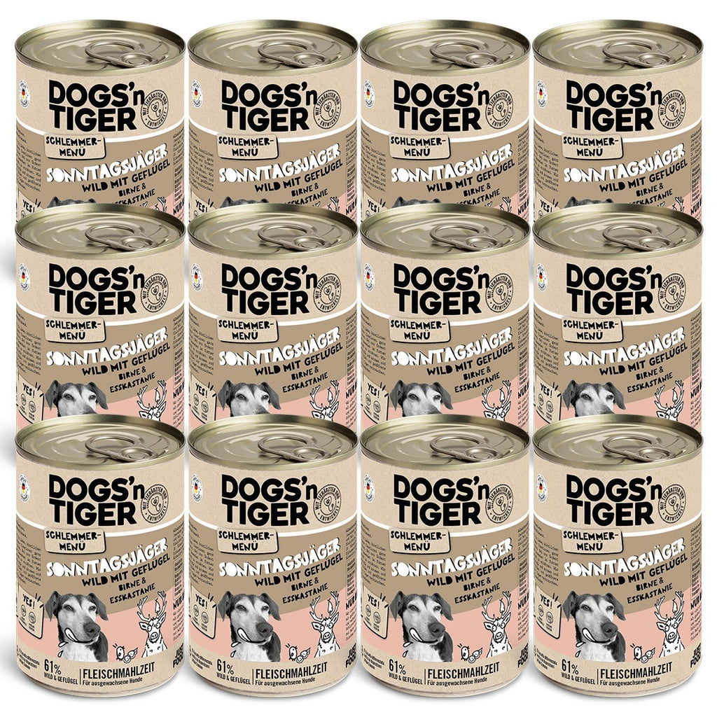 Dogs’n Tiger Adult dog food, Sunday hunter, wet dog food, game, poultry, pear, millet & carrot - Tiny Paws Boutique