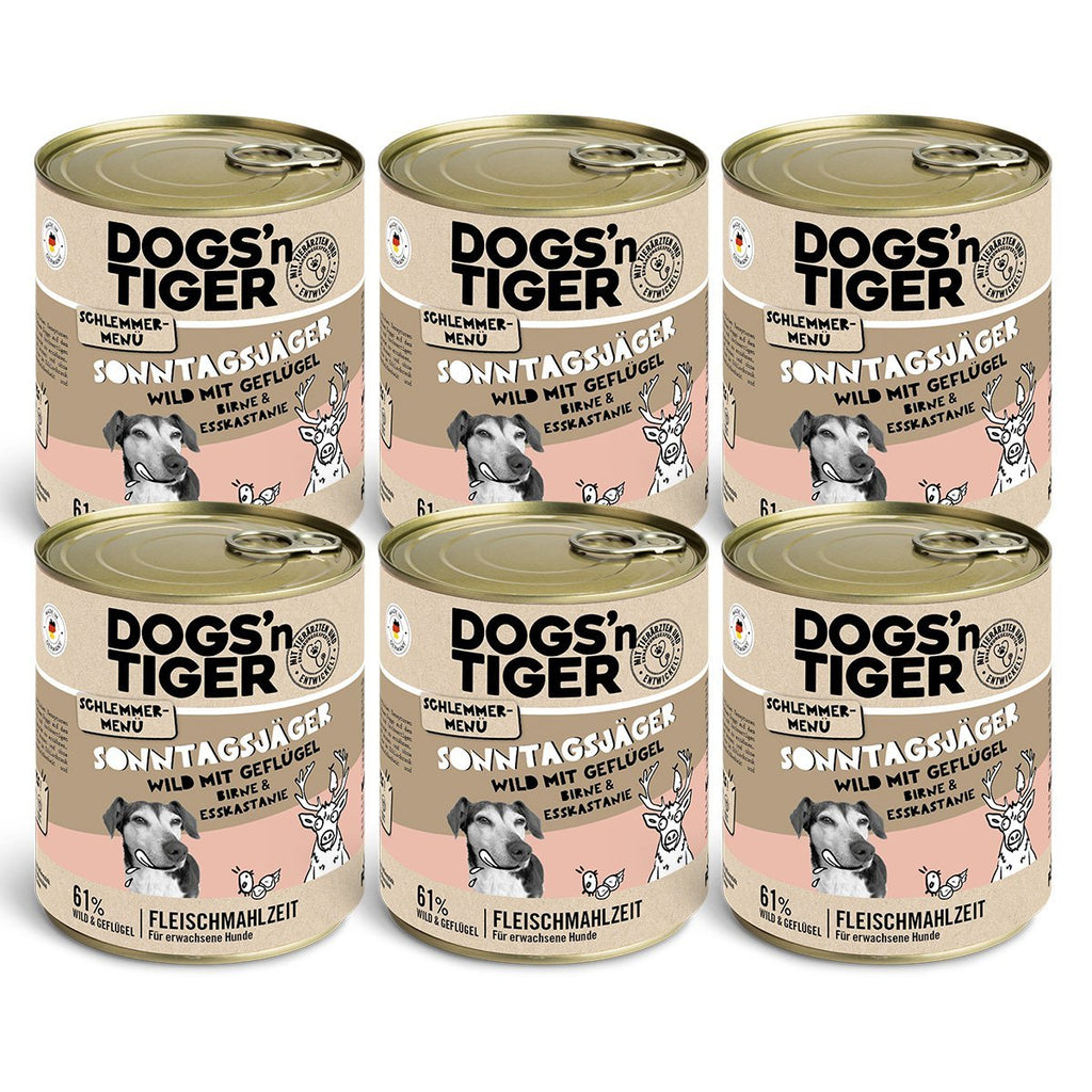 Dogs’n Tiger Adult dog food, Sunday hunter, wet dog food, game, poultry, pear, millet & carrot - Tiny Paws Boutique