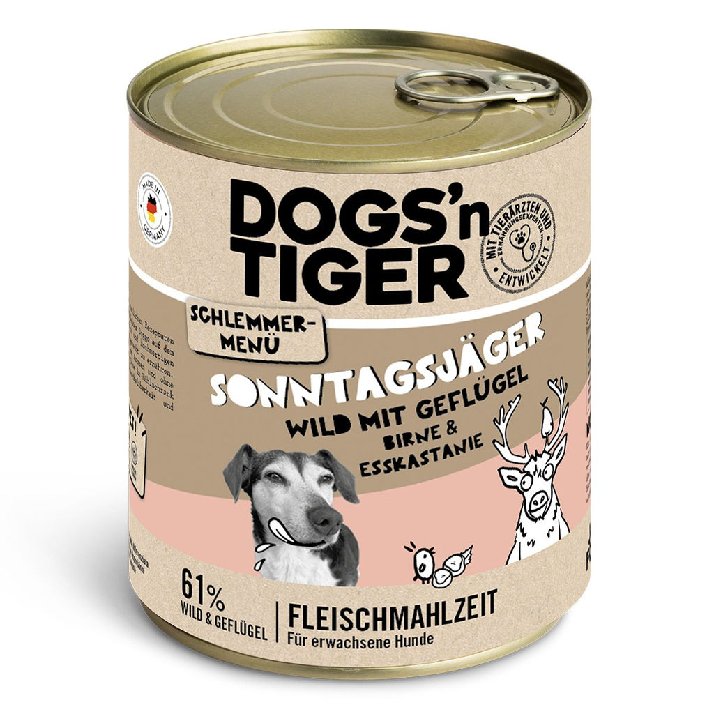 Dogs’n Tiger Adult dog food, Sunday hunter, wet dog food, game, poultry, pear, millet & carrot - Tiny Paws Boutique