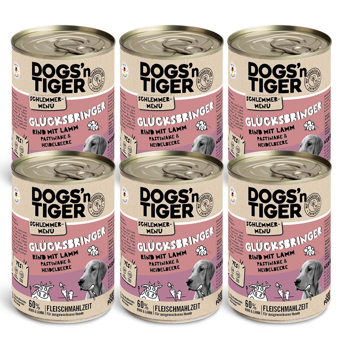 Dogs’n Tiger Adult Hundefutter, Glücksbringer, Nassfutter, Getreidefrei, Rind, Lamm, Pastinake & Heidelbeeren - Tiny Paws Boutique