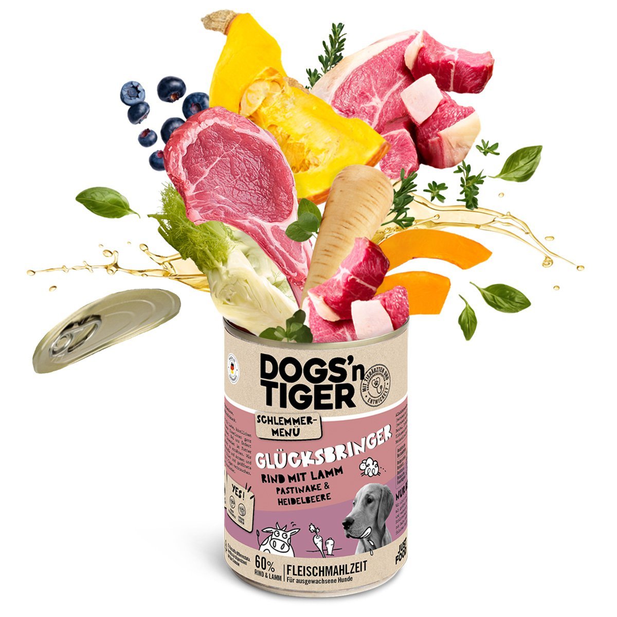 Dogs’n Tiger Adult Hundefutter, Glücksbringer, Nassfutter, Getreidefrei, Rind, Lamm, Pastinake & Heidelbeeren - Tiny Paws Boutique