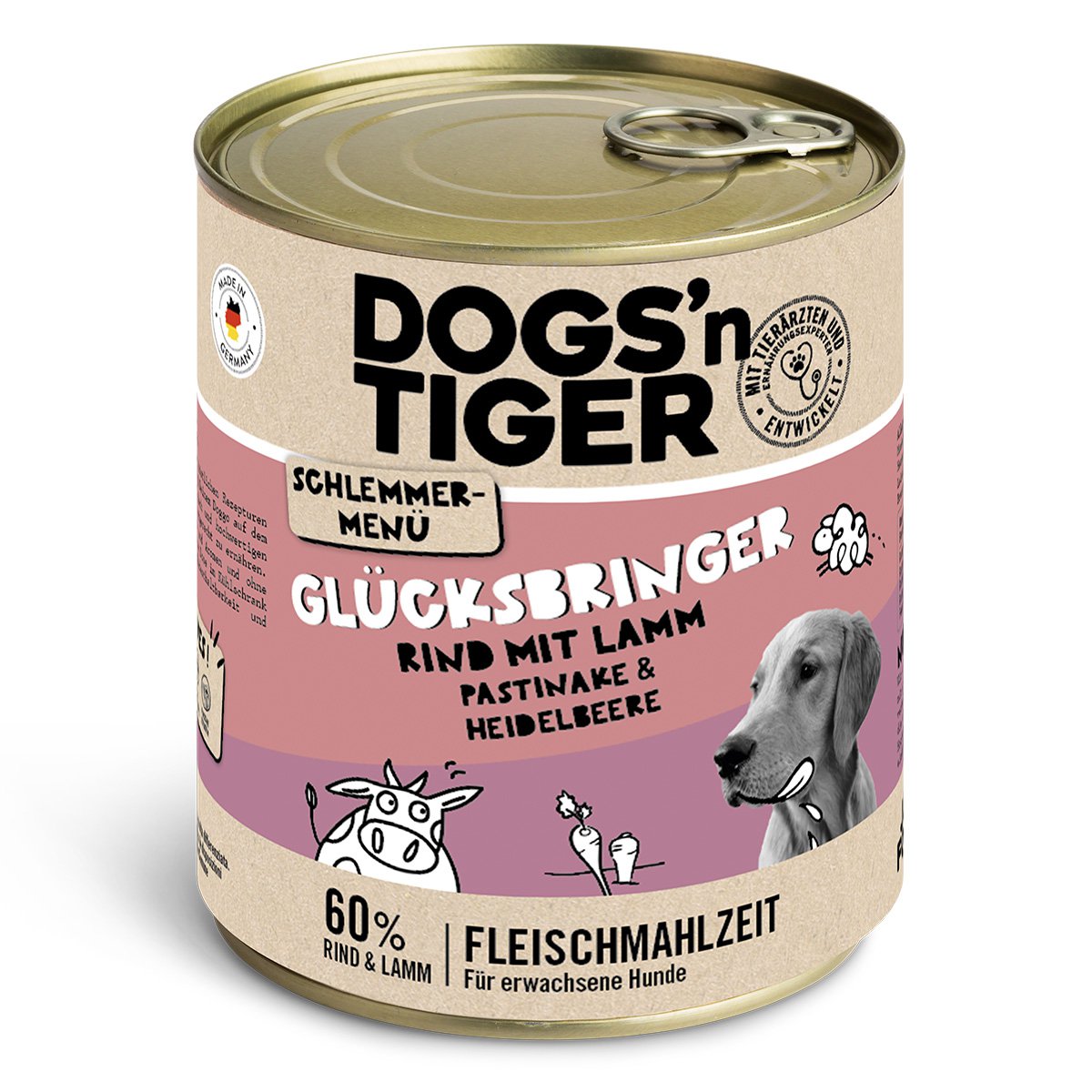 Dogs’n Tiger Adult Hundefutter, Glücksbringer, Nassfutter, Getreidefrei, Rind, Lamm, Pastinake & Heidelbeeren - Tiny Paws Boutique