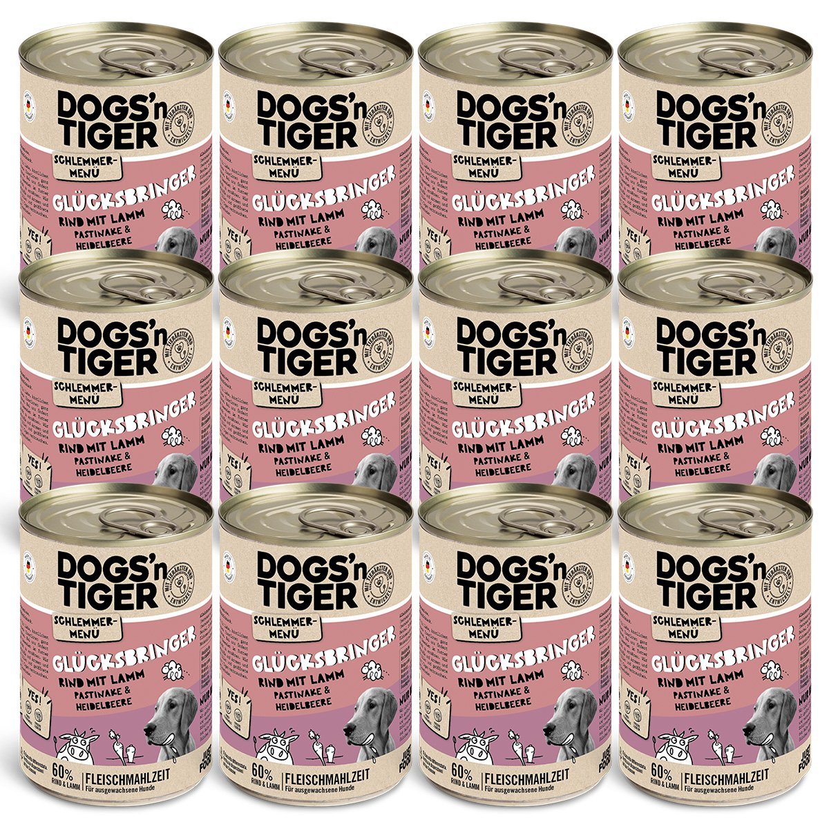 Dogs’n Tiger Adult Hundefutter, Glücksbringer, Nassfutter, Getreidefrei, Rind, Lamm, Pastinake & Heidelbeeren - Tiny Paws Boutique