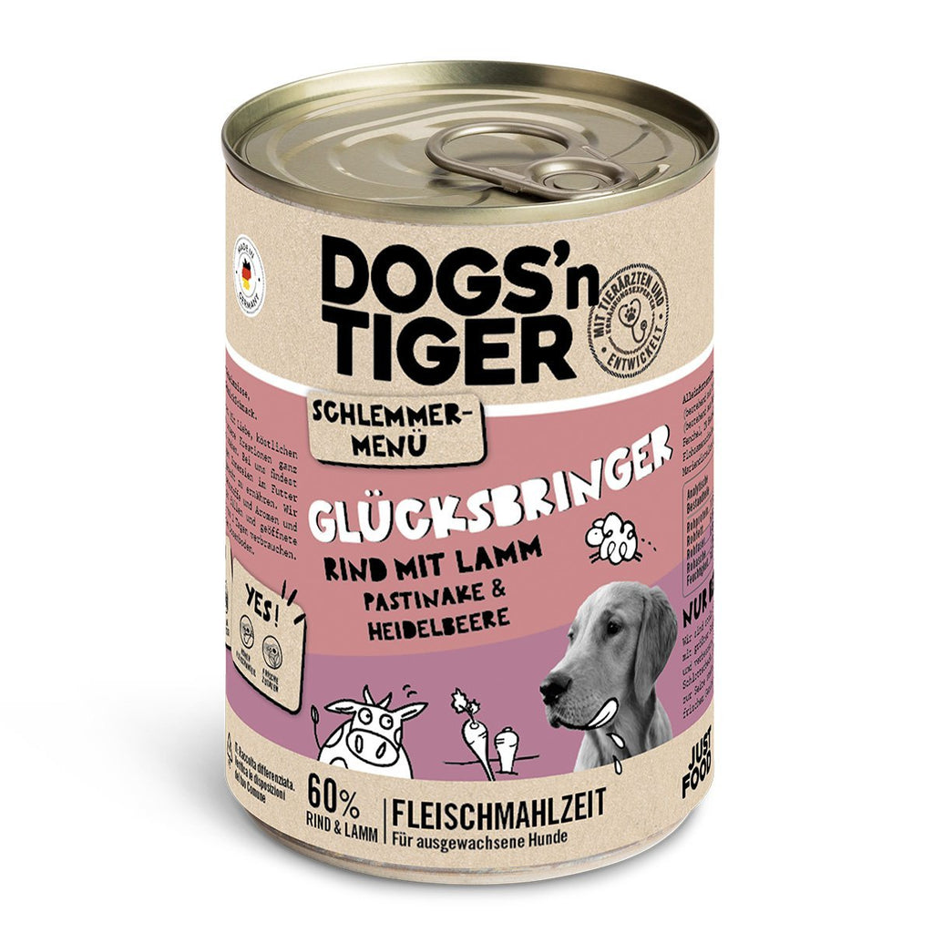Dogs’n Tiger Adult Hundefutter, Glücksbringer, Nassfutter, Getreidefrei, Rind, Lamm, Pastinake & Heidelbeeren - Tiny Paws Boutique