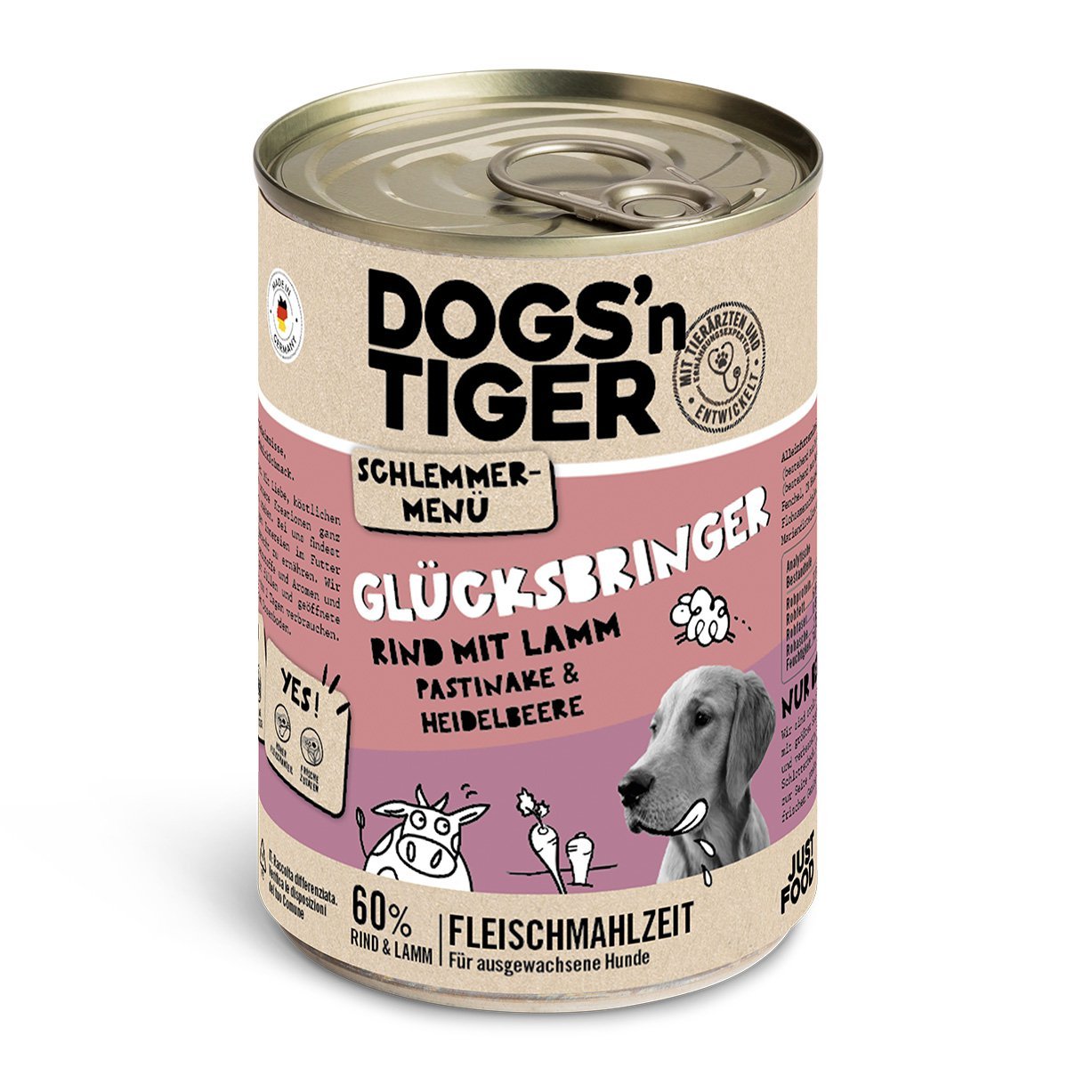 Dogs’n Tiger Adult Hundefutter, Glücksbringer, Nassfutter, Getreidefrei, Rind, Lamm, Pastinake & Heidelbeeren - Tiny Paws Boutique