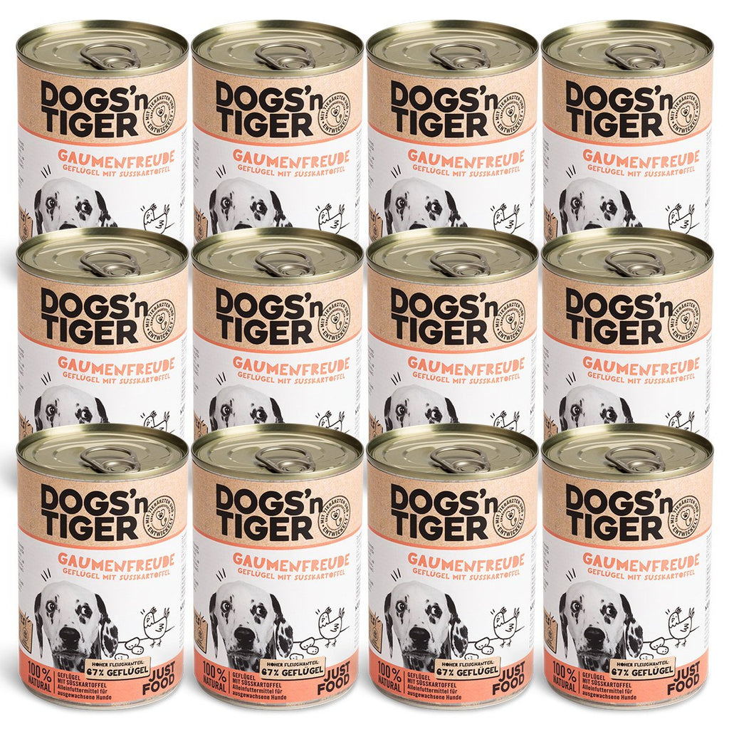 Dogs’n Tiger Adult Premium Hundefutter, Nassfutter, Getreidefrei, Gaumenfreude, Geflügel & Süßkartoffel - Tiny Paws Boutique