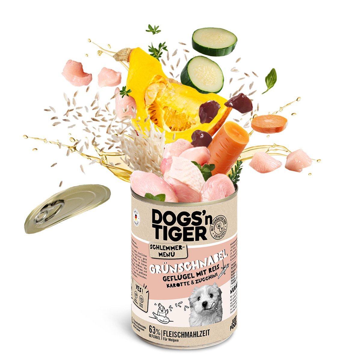 Dogs’n Tiger Junior, Hundefutter, Grünschnabel, Hunde Nassfutter, Welpen Futter, Geflügel, Getreidefrei, Naturreis, Karotte & Zucchini - Tiny Paws Boutique
