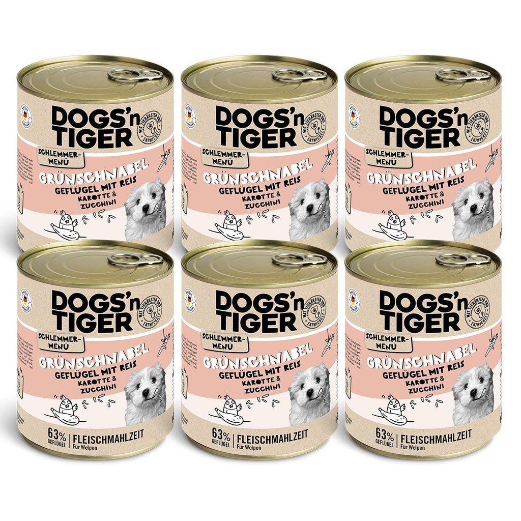 Dogs’n Tiger Junior, Hundefutter, Grünschnabel, Hunde Nassfutter, Welpen Futter, Geflügel, Getreidefrei, Naturreis, Karotte & Zucchini - Tiny Paws Boutique