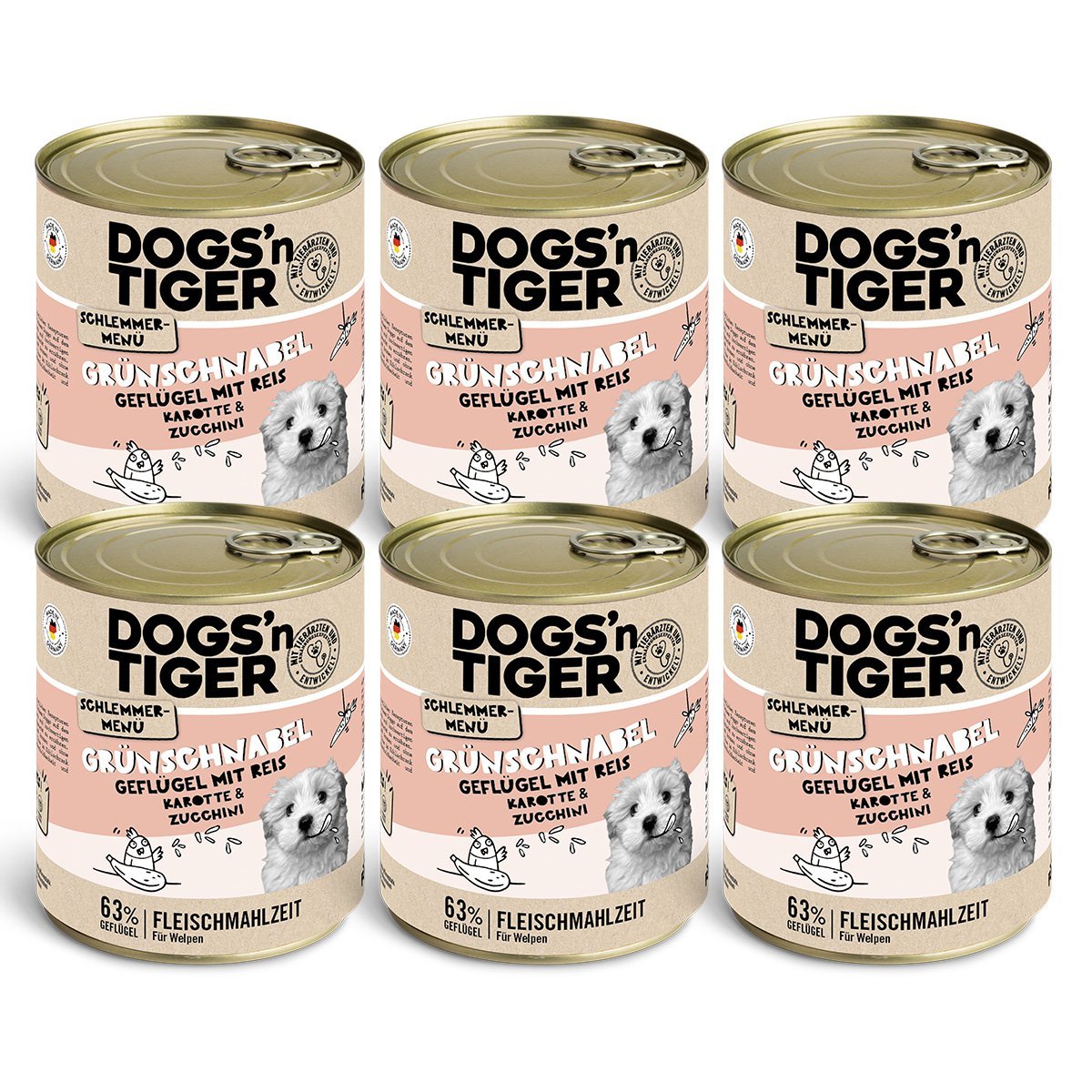 Dogs’n Tiger Junior, Hundefutter, Grünschnabel, Hunde Nassfutter, Welpen Futter, Geflügel, Getreidefrei, Naturreis, Karotte & Zucchini - Tiny Paws Boutique