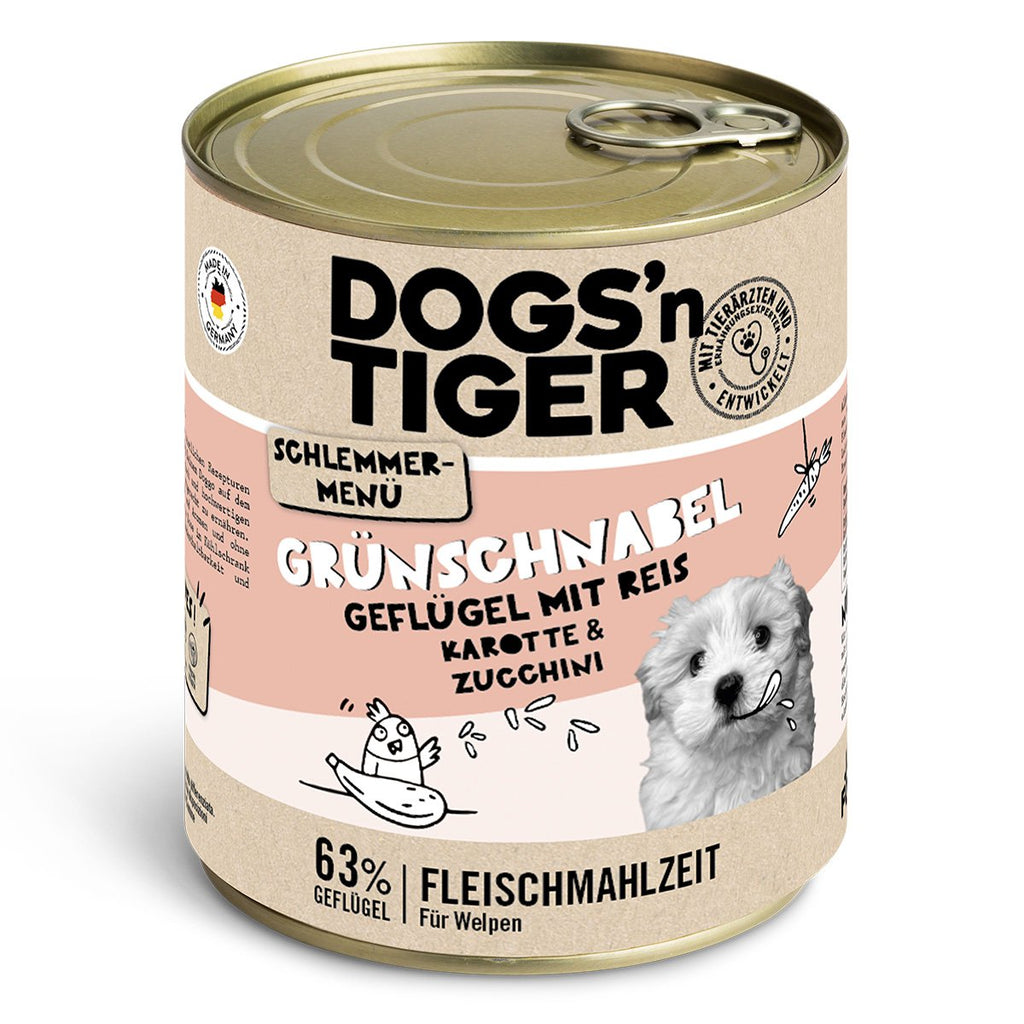 Dogs’n Tiger Junior, Hundefutter, Grünschnabel, Hunde Nassfutter, Welpen Futter, Geflügel, Getreidefrei, Naturreis, Karotte & Zucchini - Tiny Paws Boutique