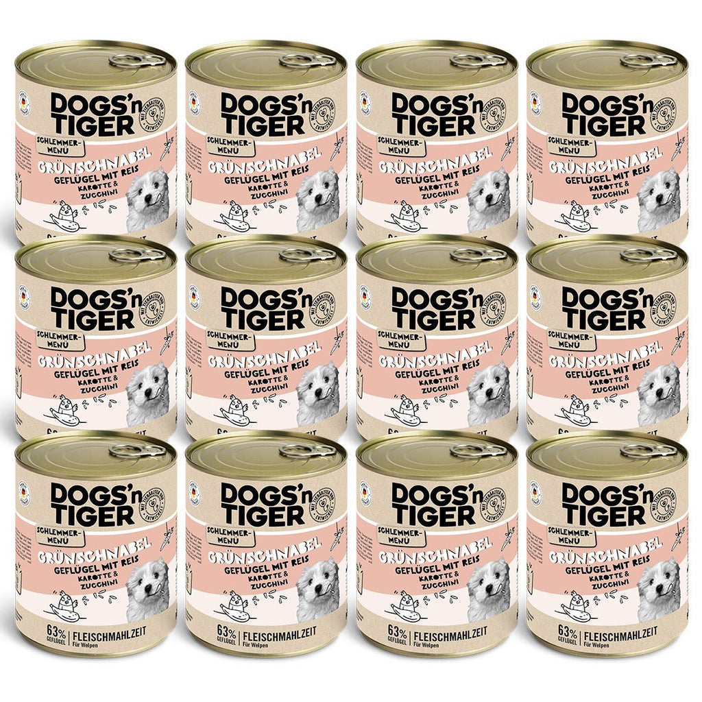 Dogs’n Tiger Junior, Hundefutter, Grünschnabel, Hunde Nassfutter, Welpen Futter, Geflügel, Getreidefrei, Naturreis, Karotte & Zucchini - Tiny Paws Boutique