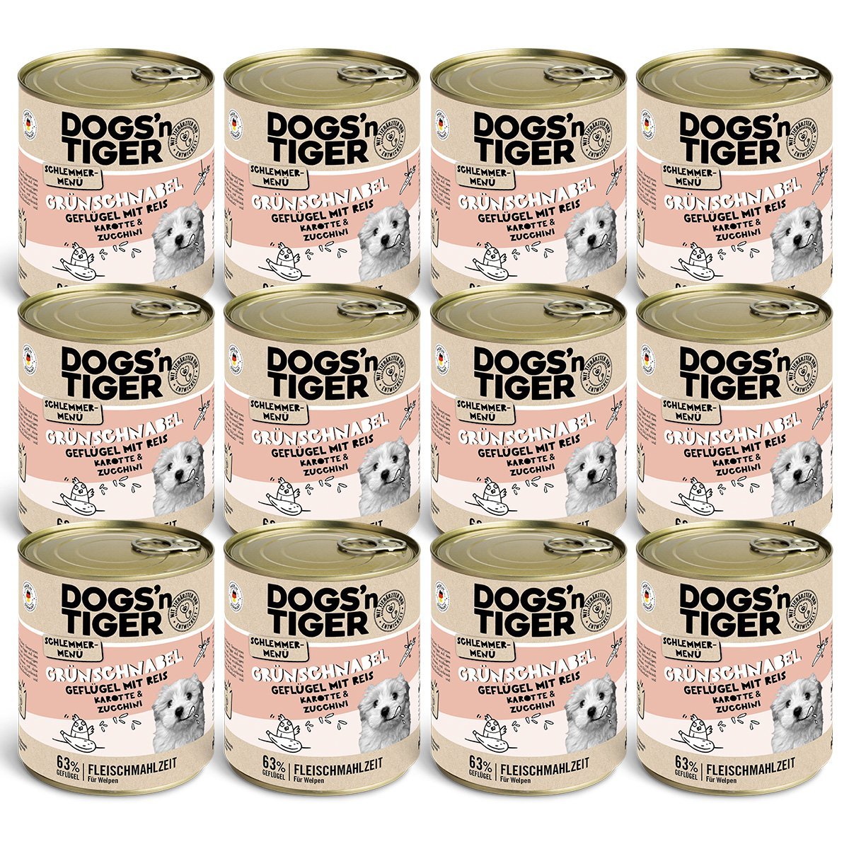 Dogs’n Tiger Junior, Hundefutter, Grünschnabel, Hunde Nassfutter, Welpen Futter, Geflügel, Getreidefrei, Naturreis, Karotte & Zucchini - Tiny Paws Boutique