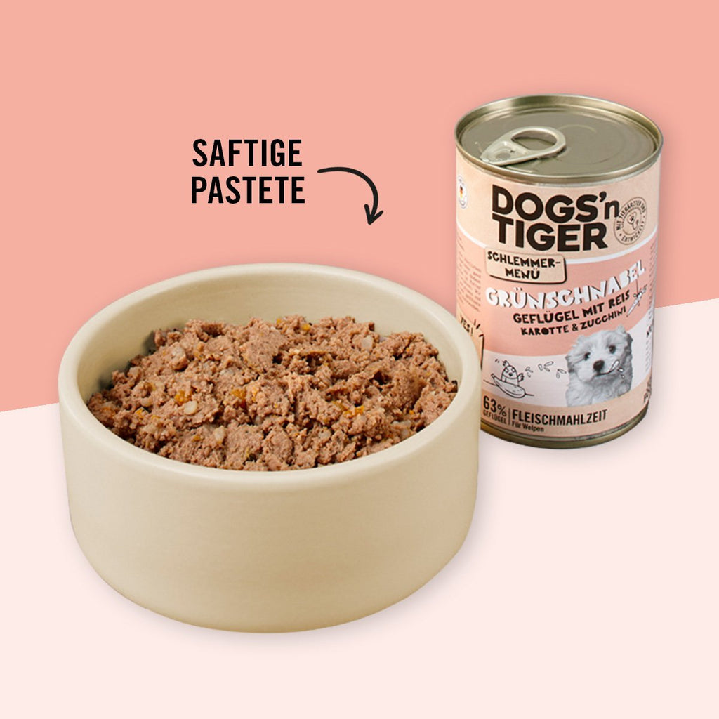Dogs’n Tiger Junior, Hundefutter, Grünschnabel, Hunde Nassfutter, Welpen Futter, Geflügel, Getreidefrei, Naturreis, Karotte & Zucchini - Tiny Paws Boutique