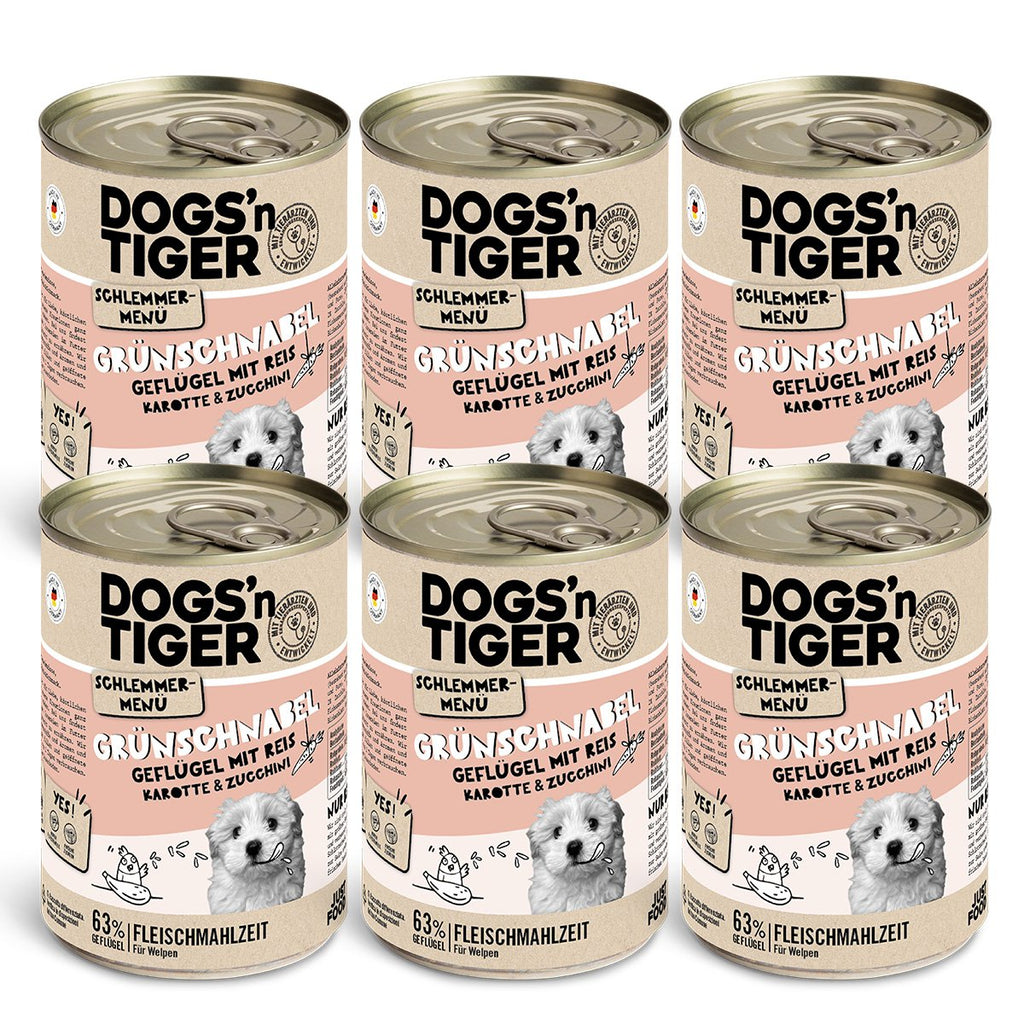 Dogs’n Tiger Junior, Hundefutter, Grünschnabel, Hunde Nassfutter, Welpen Futter, Geflügel, Getreidefrei, Naturreis, Karotte & Zucchini - Tiny Paws Boutique