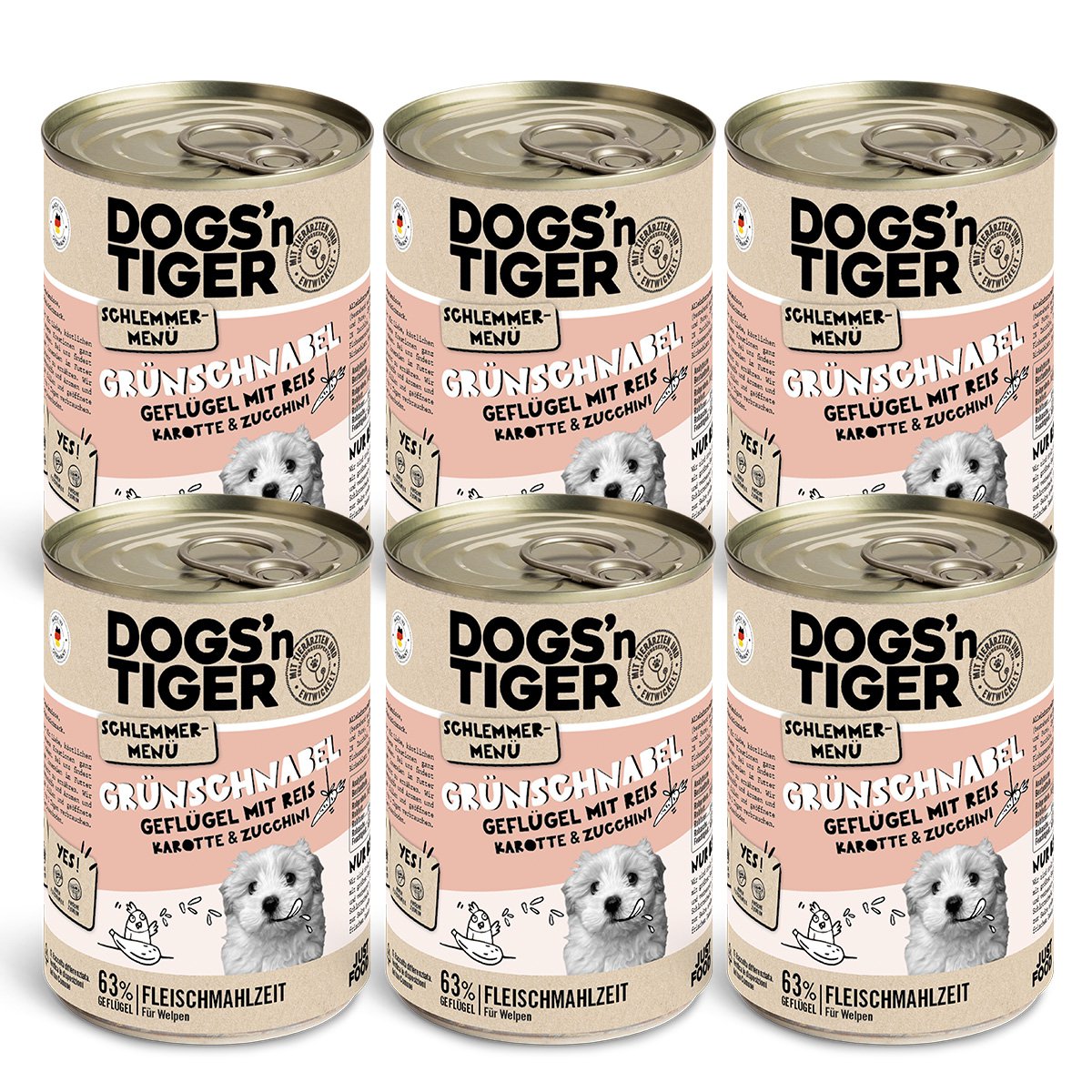 Dogs’n Tiger Junior, Hundefutter, Grünschnabel, Hunde Nassfutter, Welpen Futter, Geflügel, Getreidefrei, Naturreis, Karotte & Zucchini - Tiny Paws Boutique