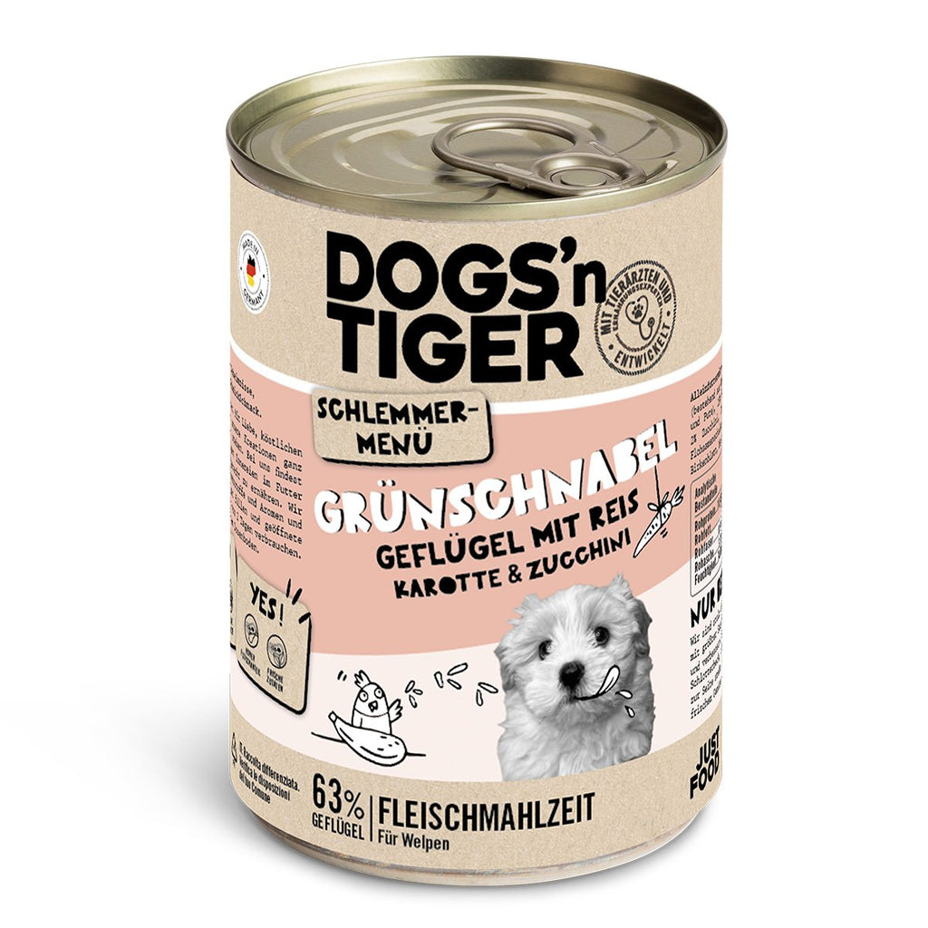 Dogs’n Tiger Junior, Hundefutter, Grünschnabel, Hunde Nassfutter, Welpen Futter, Geflügel, Getreidefrei, Naturreis, Karotte & Zucchini - Tiny Paws Boutique