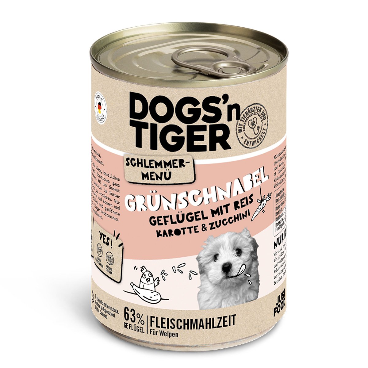 Dogs’n Tiger Junior, Hundefutter, Grünschnabel, Hunde Nassfutter, Welpen Futter, Geflügel, Getreidefrei, Naturreis, Karotte & Zucchini - Tiny Paws Boutique
