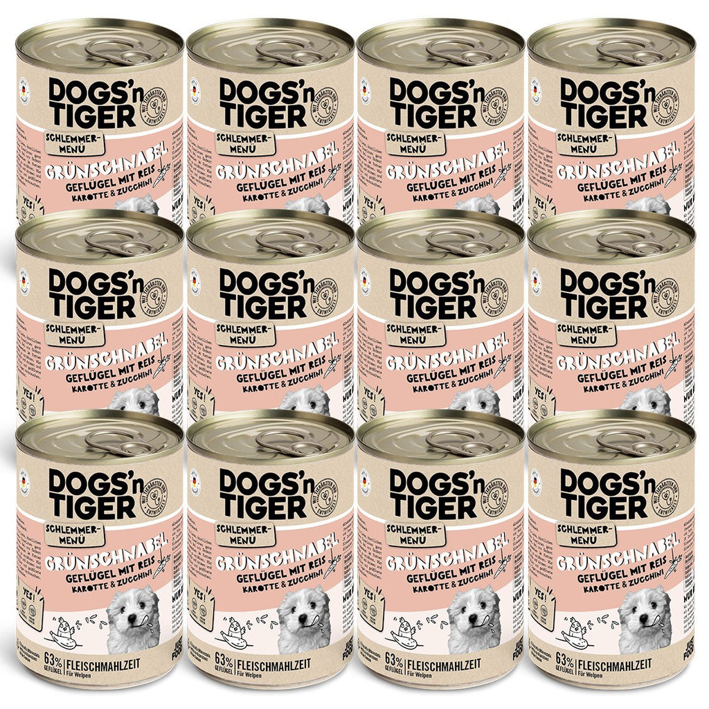 Dogs’n Tiger Junior, Hundefutter, Grünschnabel, Hunde Nassfutter, Welpen Futter, Geflügel, Getreidefrei, Naturreis, Karotte & Zucchini - Tiny Paws Boutique