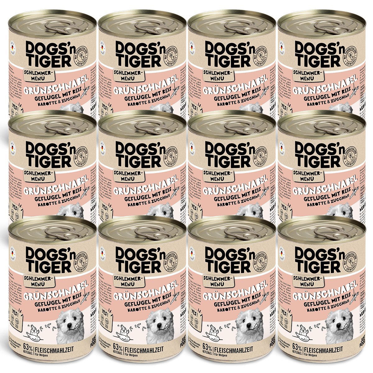 Dogs’n Tiger Junior, Hundefutter, Grünschnabel, Hunde Nassfutter, Welpen Futter, Geflügel, Getreidefrei, Naturreis, Karotte & Zucchini - Tiny Paws Boutique